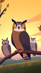Fototapeta premium Majestic owl family perched on a branch at sunset.