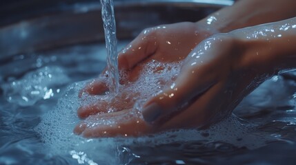 Woman washing hands with soap and water.