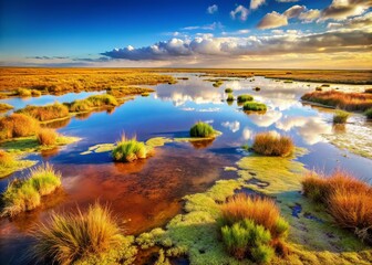 Obraz premium Marshland Salt Lake Photography: Dirty Puddle, Weedy Water, Waterlogged Shore, Landscape, Nature, Wetland Ecology