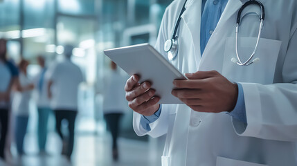 A male doctor using a digital tablet in a hospital setting.
