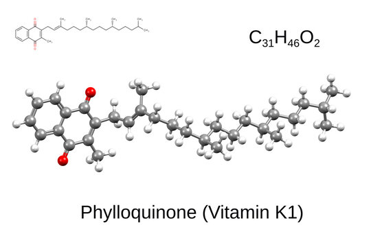 Chemical formula, structural formula and 3D ball-and-stick model of vitamin K1 (phylloquinone)