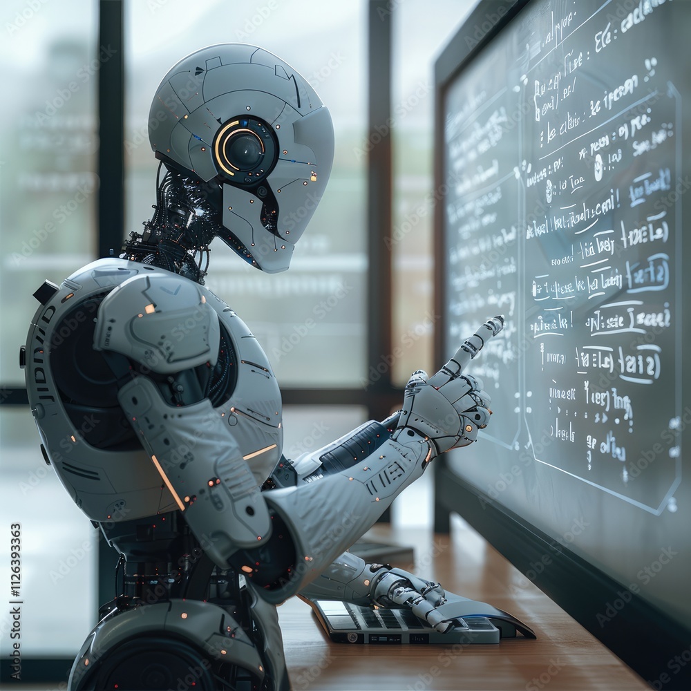 Aufkleber an AI robot on the front of empty classroom with whiteboard behind him full of equation.