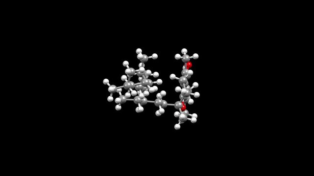 Structure of vitamin E (alpha-tocopherol). Animated 3D ball-and-stick and spacefill models, black background.