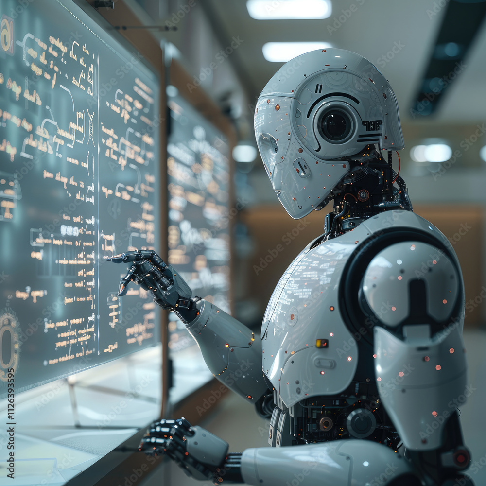 Aufkleber an AI robot on the front of empty classroom with whiteboard behind him full of equation.
