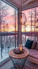 Fototapeta premium Cozy interior design overlooking beautiful winter landscape at sunset