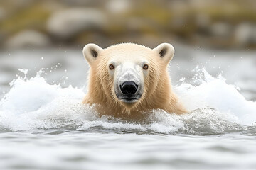 Polar bear swimming in arctic water, close-up view.