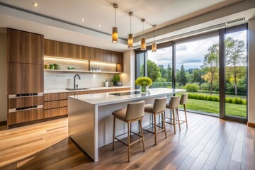Fototapeta premium Modern Kitchen Design: Panoramic Bar Counter, Cabinets & Window Mockup Wall - Interior Photography
