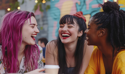 Joyful diverse women laughing together at outdoor cafe happy friendship cafe outdoor laughter women diverse friends smiling conversation together coffee girl young adult summer fun happy friends