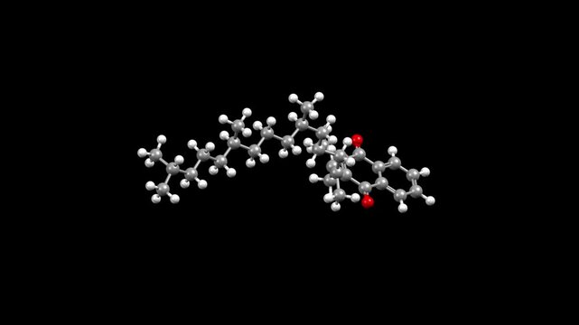 Structure of vitamin K1 (phylloquinone). Animated 3D ball-and-stick and spacefill models, black background.