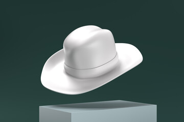 A white hat is shown in a 3D rendering, with a cowboy hat design