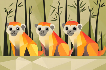Naklejka premium Three stylized monkeys sitting in a bamboo forest.