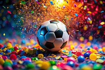 Fototapeta premium Exploding macro soccer ball confetti: a vibrant, close-up celebration captured.
