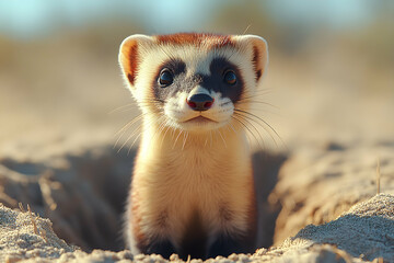 A cute steppe polecat peeking from its burrow in the sand, sunlight illuminating its fur.
