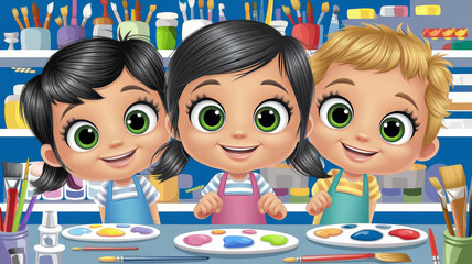 Fototapeta premium Adorable kids painting with big eyes in colorful art studio