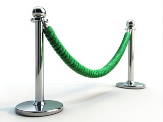 Green velvet rope stanchion, isolated on white, boasts high depth of field; a realistic retractable crowd control barrier.