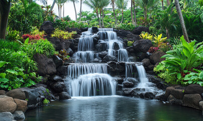 Serene waterfall cascading down rocks, lush greenery tranquility peace