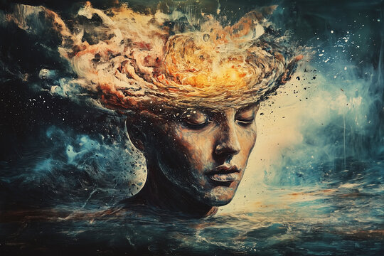 Surreal depiction of a head exploding. Social media information overload concept.