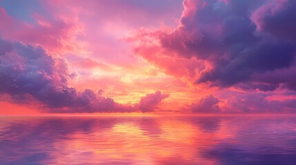 Obraz premium Vibrant Sunset Clouds Over Calm Ocean, Stunning Colorful Landscape, Beautiful Sky Reflection