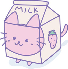 vector illustration of cute smiling cat in the strawberry milk box carton drawing, cute doodle animal sticker, isolated on transparent background