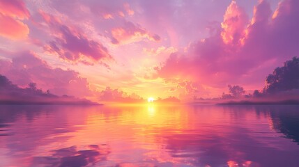 Obraz premium Beautiful Sunset Over Calm Lake, Vibrant Sky Reflection, Peaceful Evening, Tranquil Water Scene, Serene Landscape