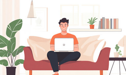 Fototapeta premium Smiling man working remotely from home relaxed, comfortable posture