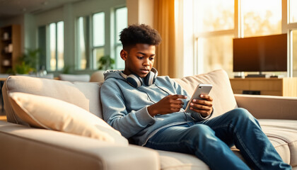 Obraz premium A teenage boy sitting on a couch, scrolling on his smartphone in a modern living room, showcasing the growing integration of technology in leisure time.