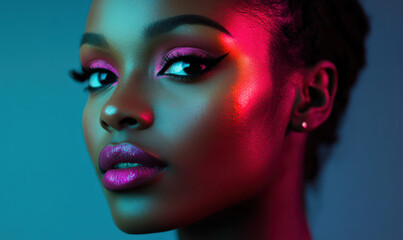 Close up portrait confident woman vibrant makeup dramatic lighting pink lips glowing skin strong gaze teal background red lighting black woman African adult female face beauty cosmetics fashion style