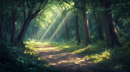 Obraz premium Sunlight streaming through forest trees, nature scene, serene woodland view
