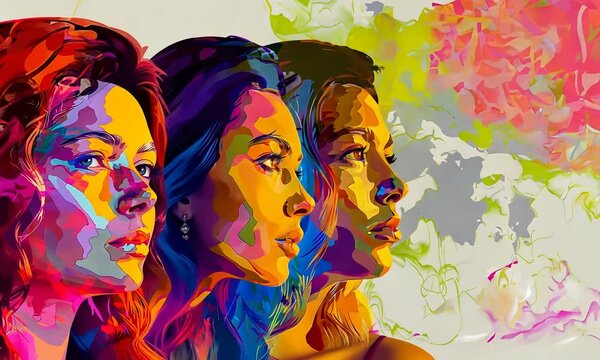 Portraits color&eacute;s de femmes diff&eacute;rentes pour la journ&eacute;e de la femme du 8 mars avec espace n&eacute;gatif copyspace, diversit&eacute; f&eacute;minine, solidarit&eacute;, &eacute;galit&eacute;, inclusion et droit des femmes