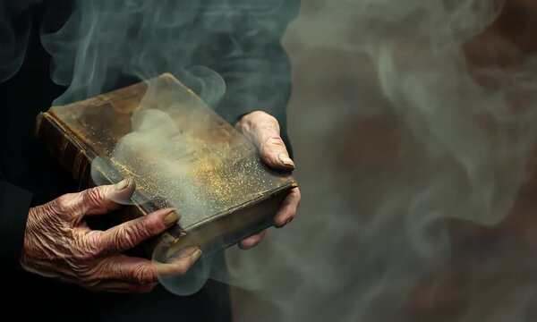 Vieilles mains tenant un grimoire ancien dans une atmosph&egrave;re de fum&eacute;e myst&eacute;rieuse, ambiance occultisme, magie noire et Halloween, &eacute;voquant sorcellerie, rites ou savoirs &eacute;sot&eacute;riques