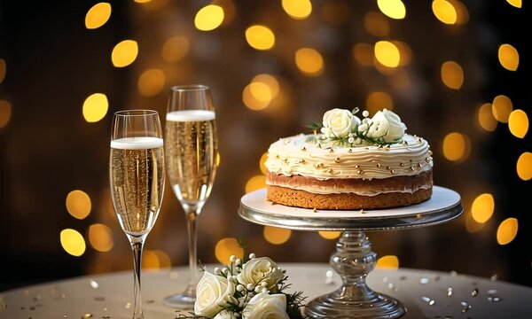 G&acirc;teau festif d&eacute;cor&eacute; de fleurs blanches avec deux fl&ucirc;tes de champagne sur une table, ambiance lumineuse et &eacute;l&eacute;gante pour c&eacute;l&eacute;brations de No&euml;l, Nouvel An ou mariages.