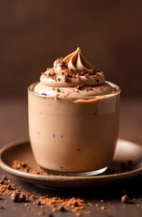 Mocha mousse dessert, soft brown background. Color trend concept, delicious banner with space for text. Trend color of 2025	
