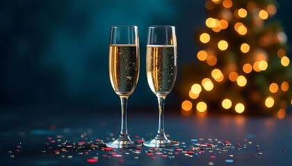 Festive banner. Two glasses of champagne on dark blue background with Christmas tree with lights bokeh, glitter and sparks, confetti. Christmas celebration concept with copy space for