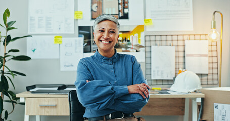 Portrait, happy woman or confident in office for architecture, career pride or opportunity for...