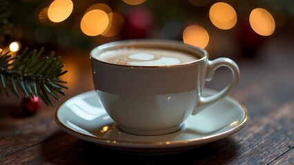 Obraz premium A white coffee cup with coffee stands on the table. Cozy winter atmosphere