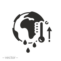 planet change climate, global warming on earth icon, concept temperature environment in world, hot thermometer with globe, flat vector illustration