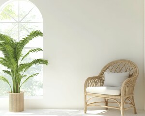 A cozy, minimalistic interior featuring a rattan chair beside a large green plant and a window with an arched design, creating a serene atmosphere.