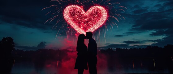 Romantic couple sharing a kiss under heart-shaped fireworks at a festive oceanfront celebration in the evening