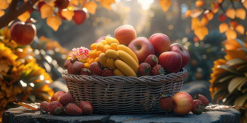 A fruit basket is placed on a stone bench by the roadside, with bananas, apples, and strawberries inside the basket.