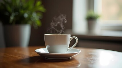 Obraz premium A white coffee cup with coffee stands on the table. Cozy winter atmosphere