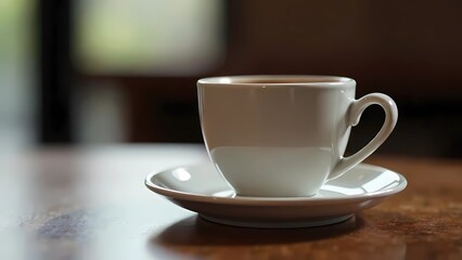 Obraz premium A white coffee cup with coffee stands on the table. Cozy winter atmosphere