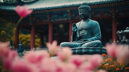 Serene Buddha statue in temple garden.
