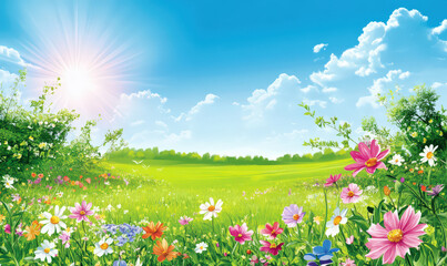 Fototapeta premium Sunny meadow wildflowers in joyful bloom vibrant spring scene