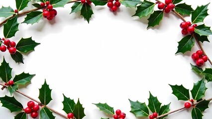 Christmas ornaments, white canvas with space for product presentation or advertising, decorated with sharpleaf and berries