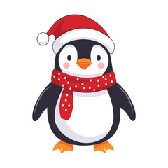 A fat penguin wearing a Santa hat and scarf illustration	