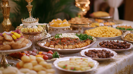 Ramadan kareem Iftar party table with assorted festive traditional Arab dishes