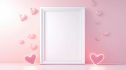 A blank white frame is surrounded by pink hearts on a soft pink background, perfect for romantic displays or personalized messages.