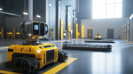 Fototapeta premium Yellow robot, industrial setting, charging station.