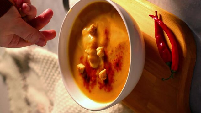 Woman adding rusks to pumpkin soup. Tasty homemade food. Served table with bowl of cream soup, chili pepper on wooden tray.