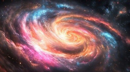 Obraz premium A mesmerizing cosmic swirl of vibrant colors in the vast expanse of space, an ethereal nebula exhibiting a captivating spiral structure. Celestial dance of stardust and cosmic energy.